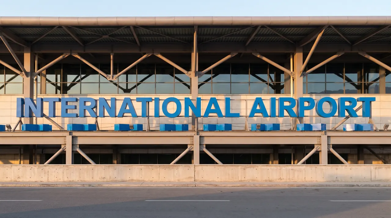 Royal blue built-up letters reading INTERNATIONAL AIRPORT above a terminal canopy, seen from the front. Digitally reconstructed view from our site photograph.