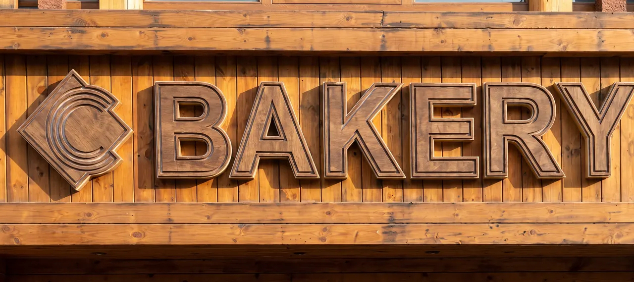 Timber-faced 3D letters spelling BAKERY with the brand's C logo on a wooden shopfront.