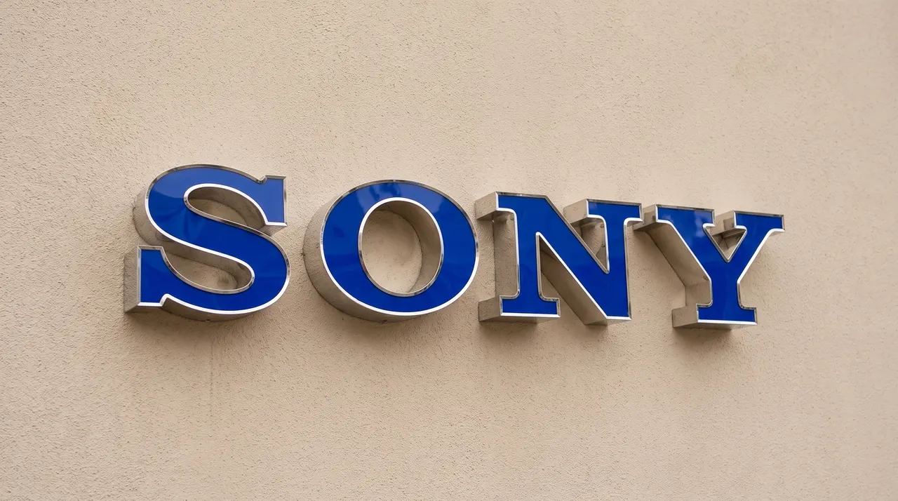 SONY channel letters with blue acrylic faces and polished stainless steel returns on a pale wall.